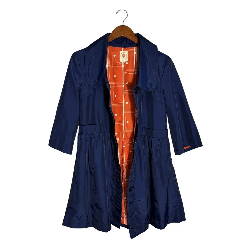 Tulle Navy Blue Coat With Orange Plaid Lining XL Lightweight 3/4 Sleeves Button - Picture 2 of 11